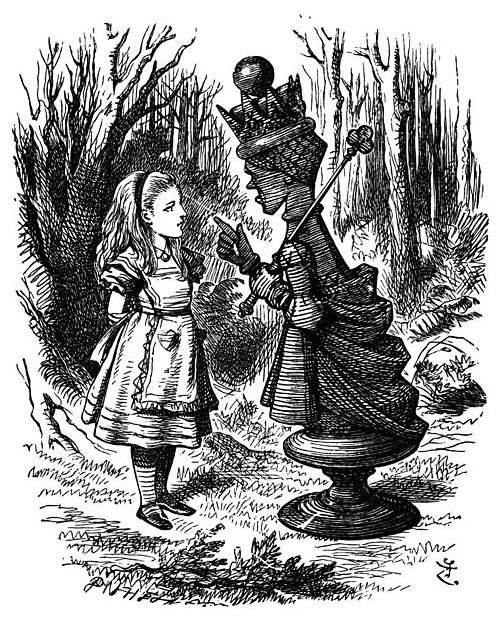Illustration by John Tenniel of the Red Queen lecturing Alice in Lewis Carroll's 'Through The Looking Glass'; image in the public domain