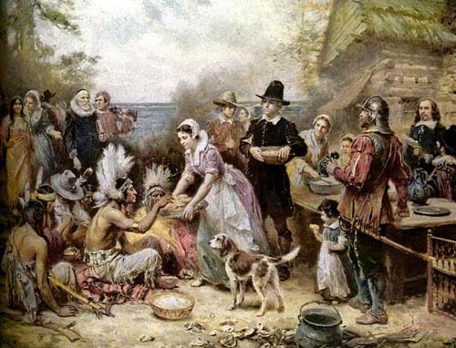 'The First Thanksgiving,' painting by Jean Leon Gerome Ferris (1863–1930); image in the public domain