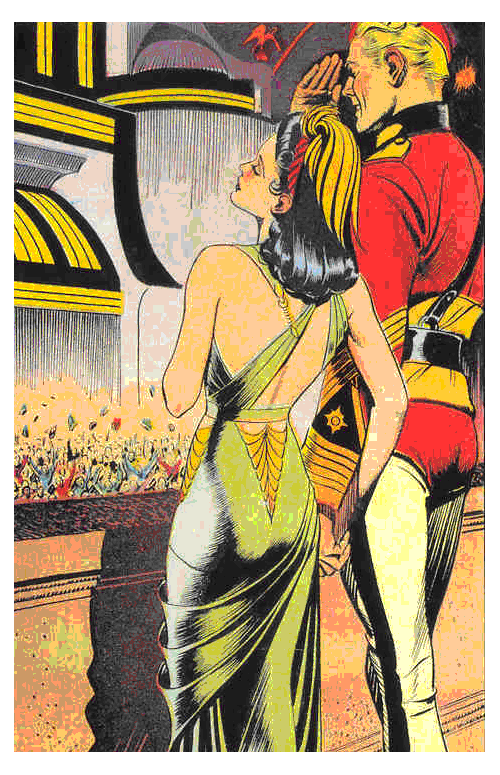 This is an illustration of the characters Flash Gordon and Dale Arden the day Emperor Ming was defeated, by artist Alex Raymond. As an illustration of a key event in the Flash Gordon mythology, it is fair use in the article. The copyright holder is King Features Syndicate. Image from http://en.wikipedia.org/wiki/File:Ming-defeated.gif