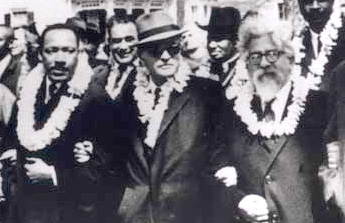 Martin Luther King Jr.; Ralph Bunche, former U.N. Ambassador; and Abraham Joshua Heschel at Selma Civil Rights March; March 21, 1965